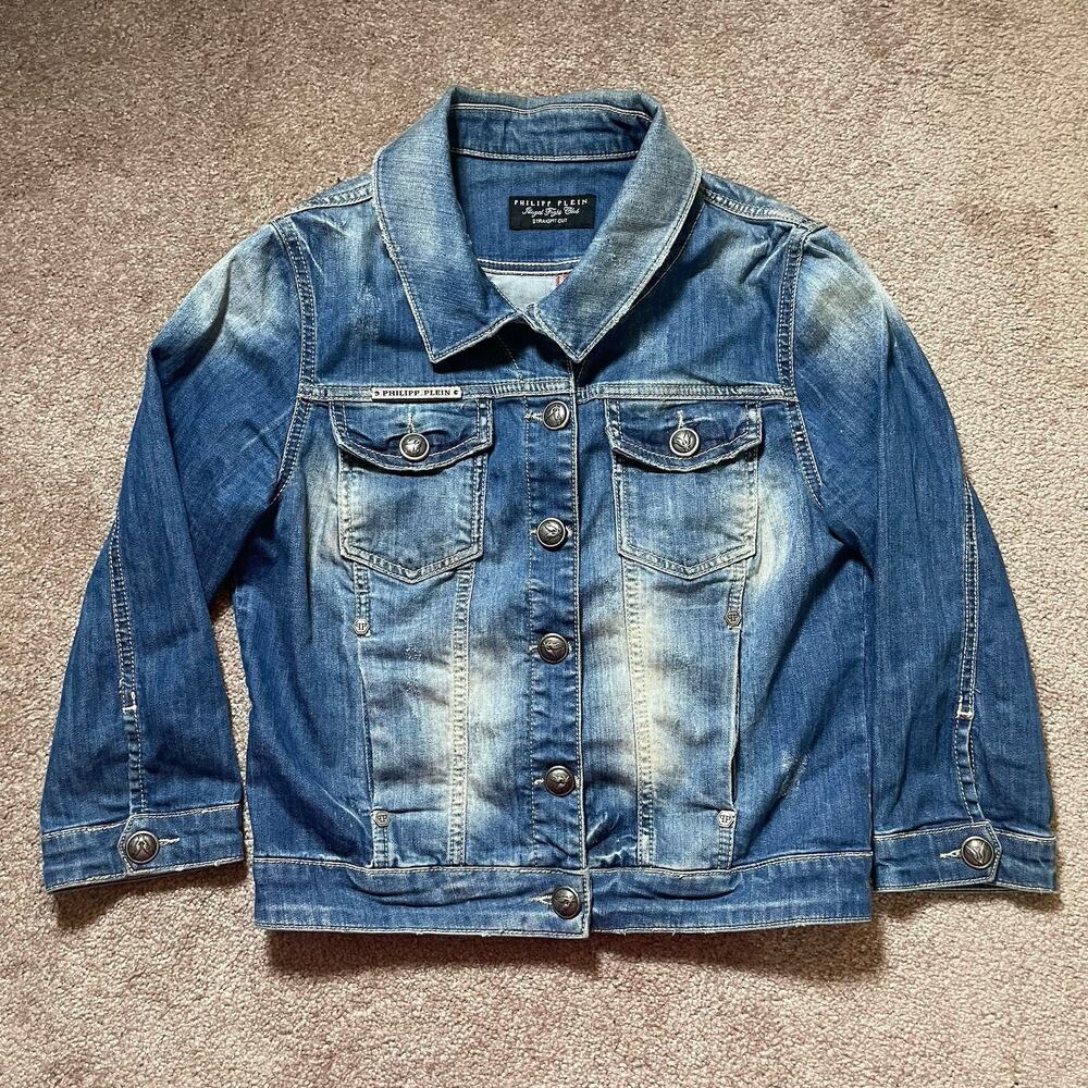 Philipp Plein Large Women’s Denim Jacket Illegal Fight Club Straight Cut